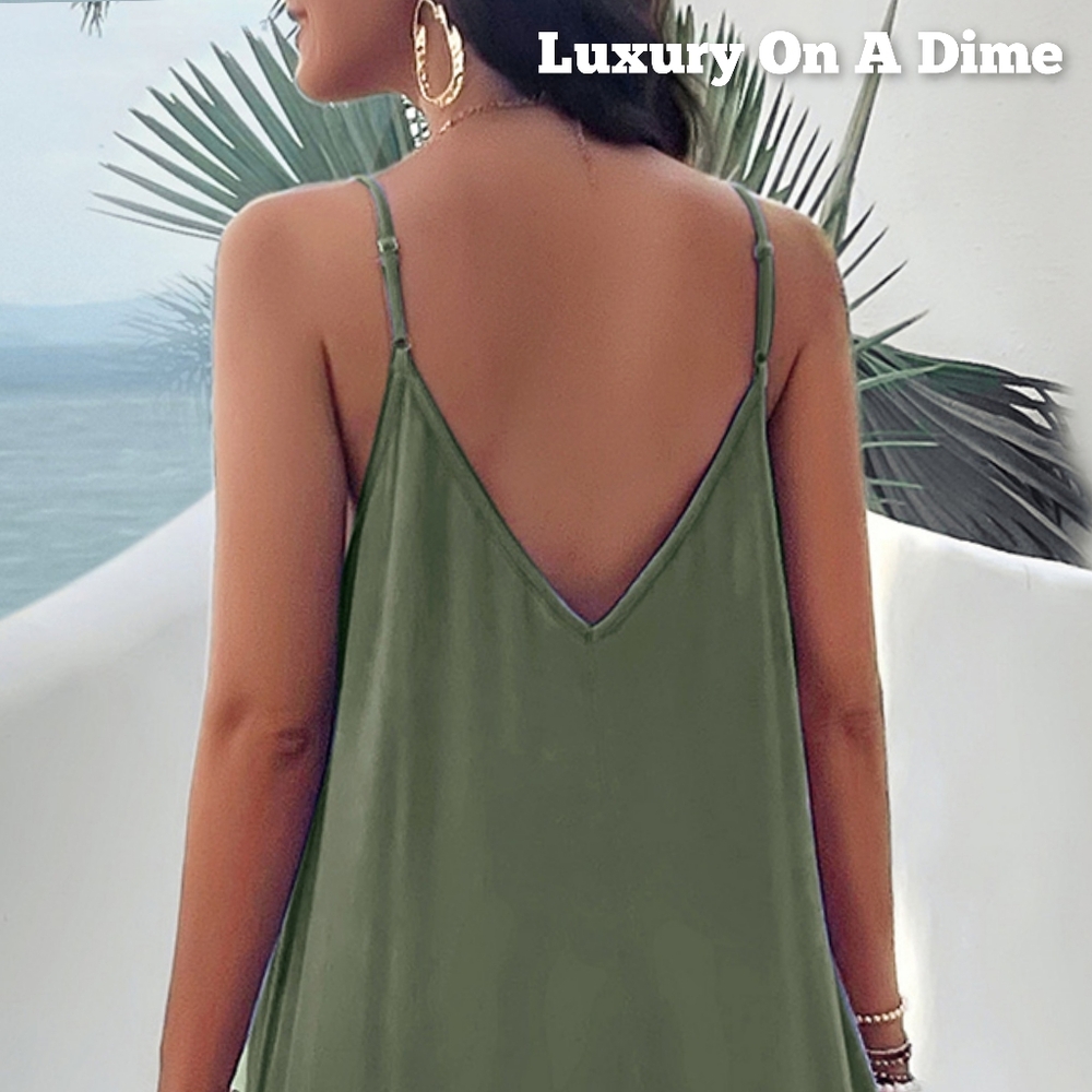 Oversized Pocket Casual Sleeveless V-Neck Low Back Long Summer Maxi Dress - Picture 4 of 12